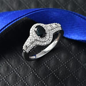 D'Joy AAA Monte Belo Indicolite and Moissanite 1.10 ctw Regal Blue Halo Ring in Rhodium Over Sterling Silver (Size 5.0)