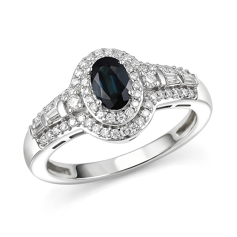 D'Joy AAA Monte Belo Indicolite and Moissanite 1.10 ctw Regal Blue Halo Ring in Rhodium Over Sterling Silver (Size 7.0)