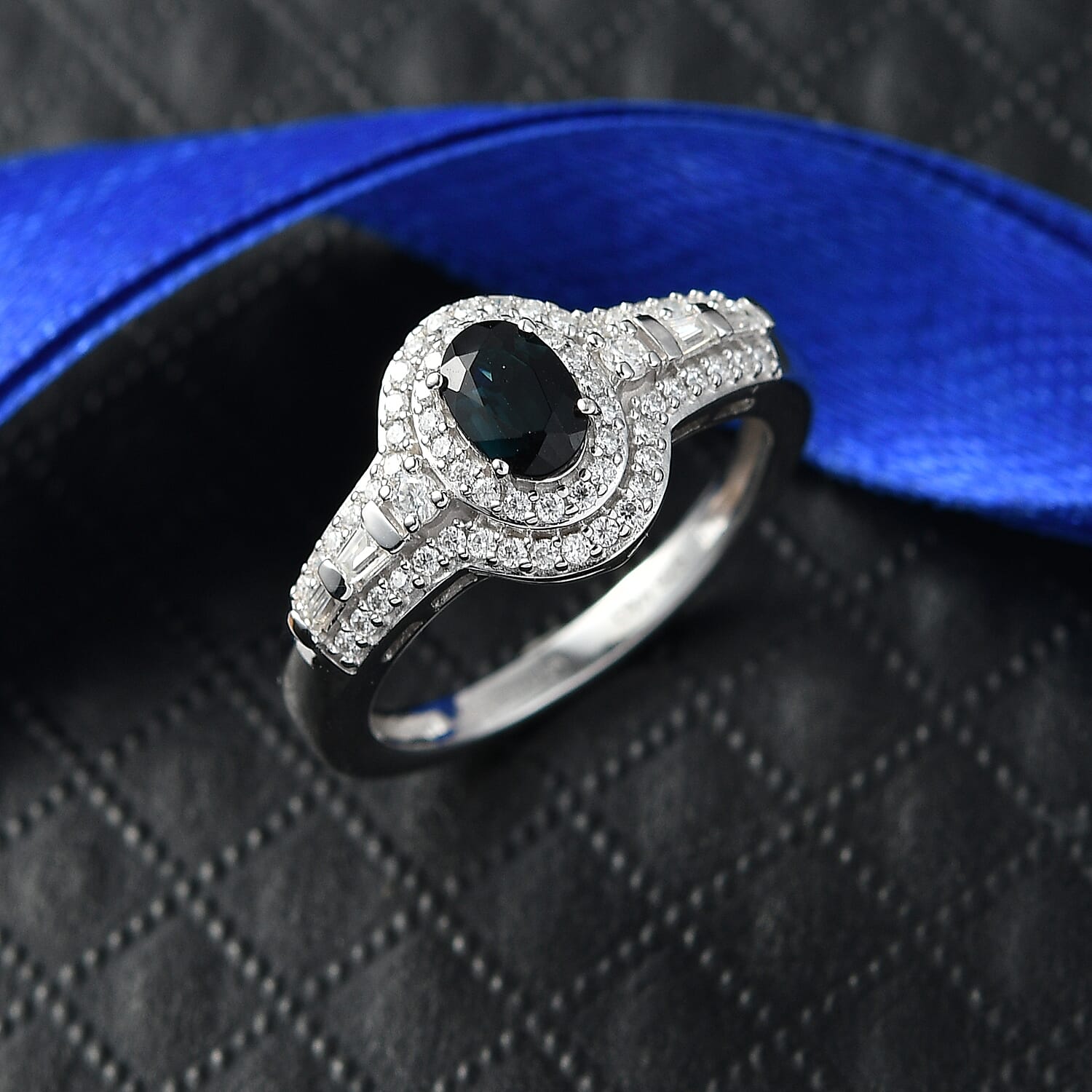 D'Joy AAA Monte Belo Indicolite and Moissanite 1.10 ctw Regal Blue Halo Ring in Rhodium Over Sterling Silver (Size 7.0)