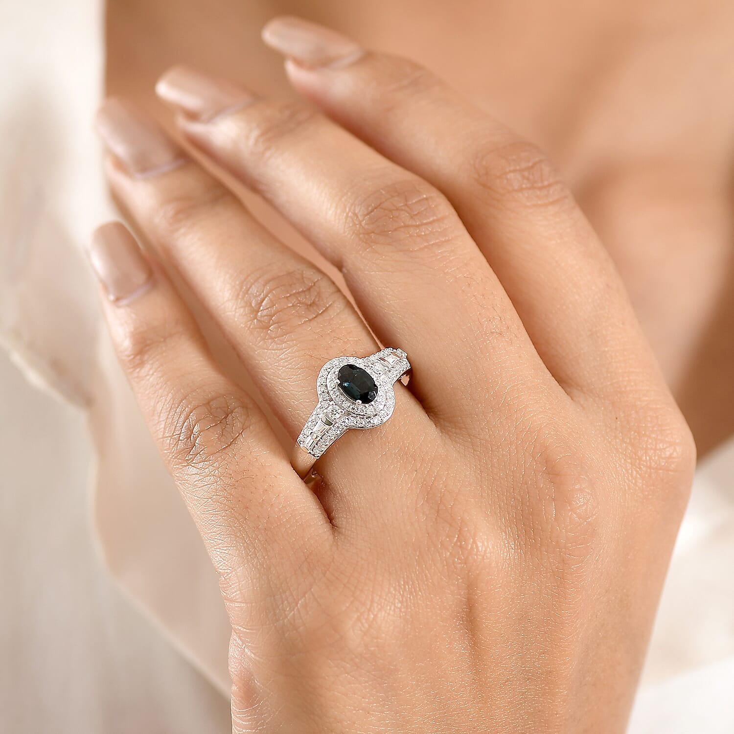 D'Joy AAA Monte Belo Indicolite and Moissanite 1.10 ctw Regal Blue Halo Ring in Rhodium Over Sterling Silver (Size 7.0)