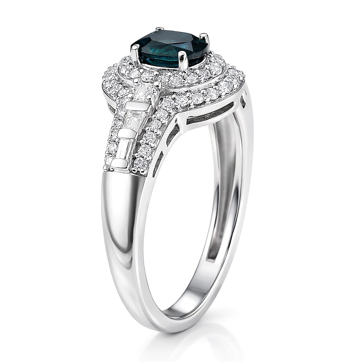 D'Joy AAA Monte Belo Indicolite and Moissanite 1.10 ctw Regal Blue Halo Ring in Rhodium Over Sterling Silver (Size 7.0)