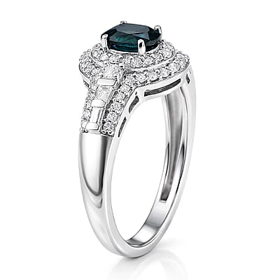 D'Joy AAA Monte Belo Indicolite and Moissanite 1.10 ctw Regal Blue Halo Ring in Rhodium Over Sterling Silver (Size 7.0)