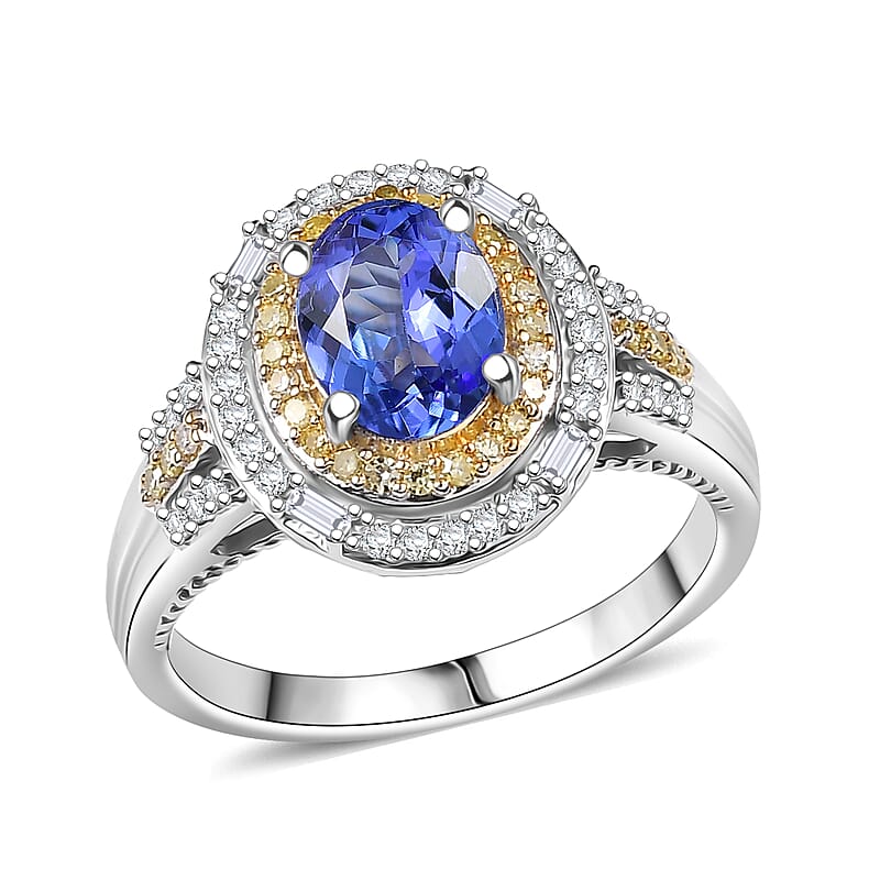 D'Joy Premium Tanzanite, Natural Yellow, White Diamond Ring in Rhodium Over Sterling Silver 1.60 ctw (Size 10.0)