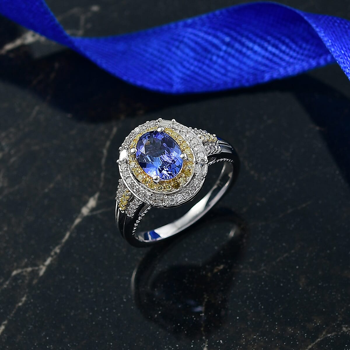  D'Joy Premium Tanzanite, Natural Yellow and White Diamond 1.60 ctw Royal Horizon Ring in Rhodium Over Sterling Silver (Size 6.0) image number 1