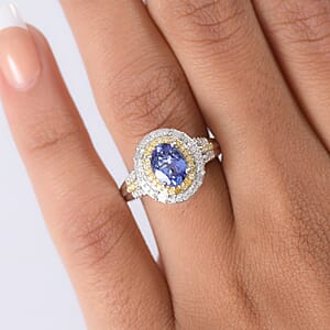  D'Joy Premium Tanzanite, Natural Yellow and White Diamond 1.60 ctw Royal Horizon Ring in Rhodium Over Sterling Silver (Size 6.0)