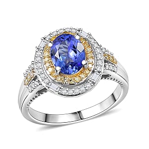Doorbuster D'Joy Premium Tanzanite, Natural Yellow and White Diamond 1.60 ctw Royal Horizon Ring in Rhodium Over Sterling Silver (Size 7.0)
