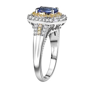 D'Joy Premium Tanzanite, Natural Yellow, White Diamond Ring in Rhodium Over Sterling Silver 1.60 ctw (Size 7.0)
