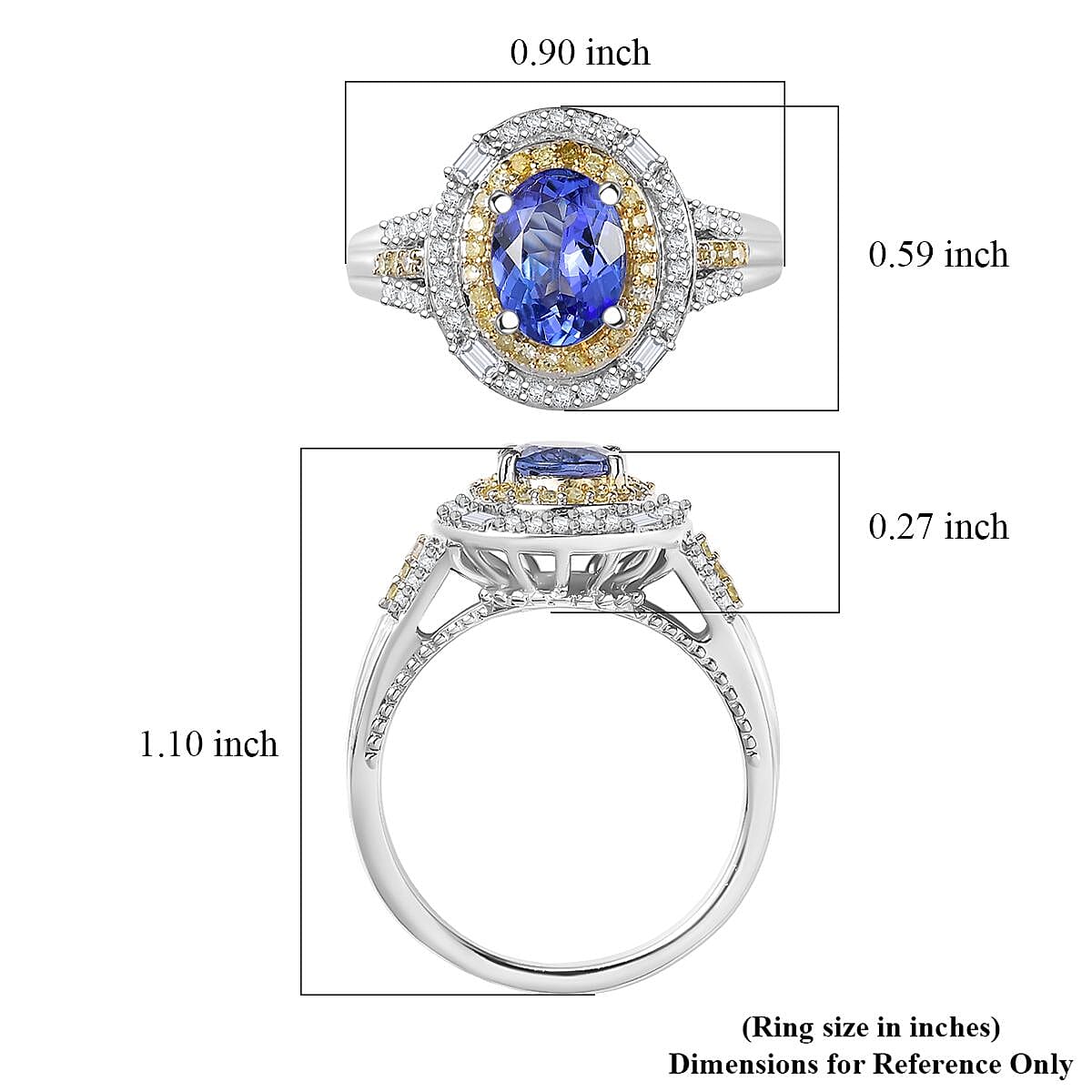 D'Joy Premium Tanzanite, Natural Yellow, White Diamond Ring in Rhodium Over Sterling Silver 1.60 ctw (Size 7.0)