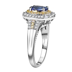 D'Joy Premium Tanzanite, Natural Yellow, White Diamond Ring in Rhodium Over Sterling Silver 1.60 ctw (Size 9.0)