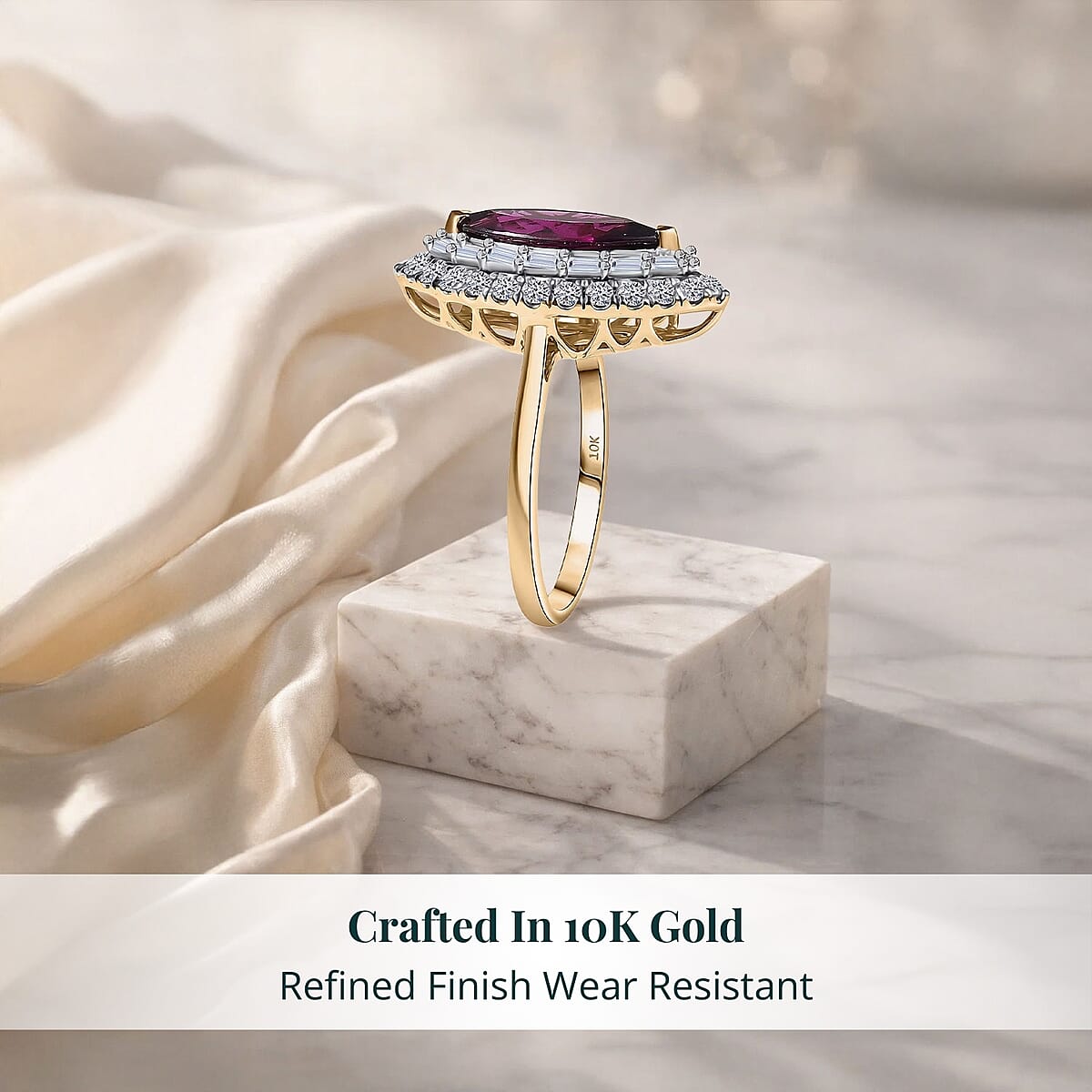 Certified & Appraised AAA Radiant Ember Garnet and Luxuriant Lab Grown Diamond G-H SI 3.63 ctw Ring in 10K Yellow Gold (Size 9.0) image number 2