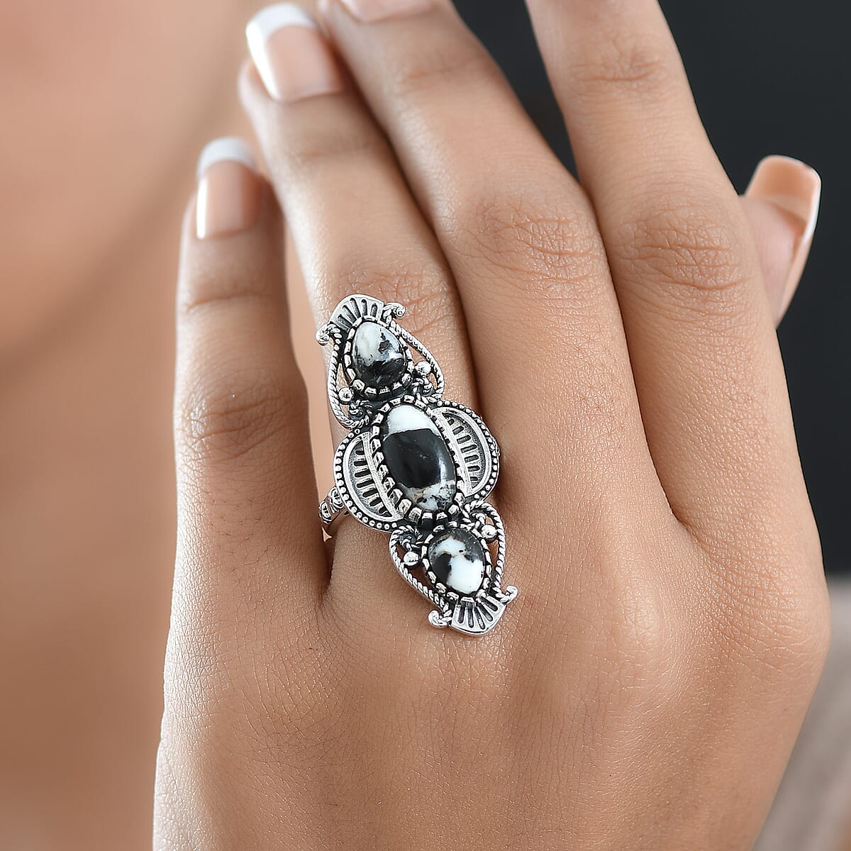 D'Joy Artisan Crafted Premium White Buffalo 5.80 ctw Ring in Black Oxidised Sterling Silver (Size 10.0) image number 2