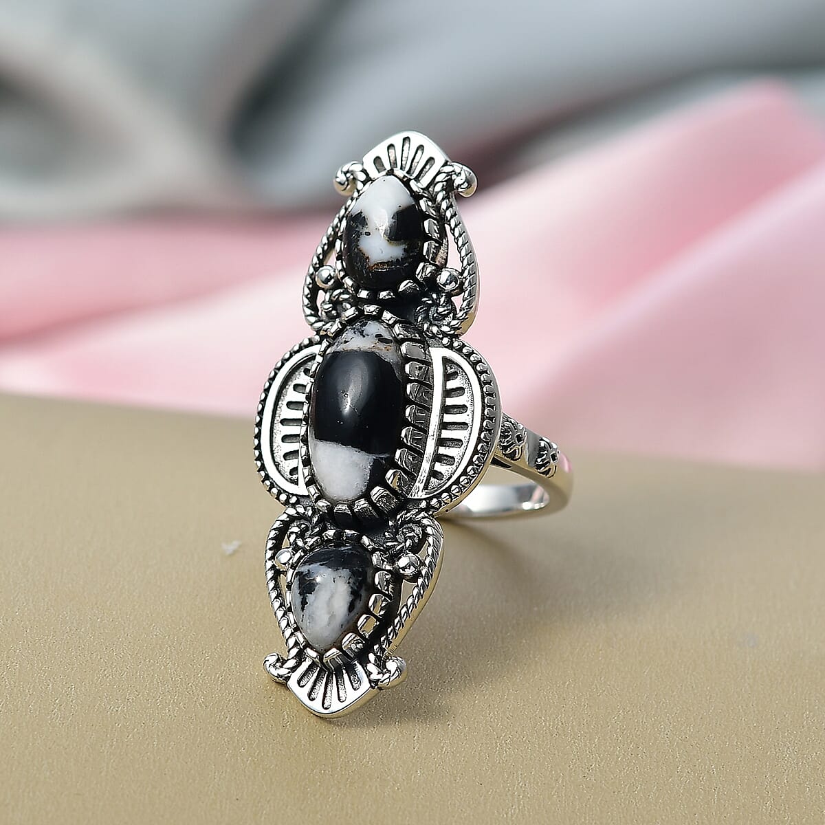 D'Joy Artisan Crafted Premium White Buffalo 5.80 ctw Ring in Black Oxidised Sterling Silver (Size 8.0) image number 1