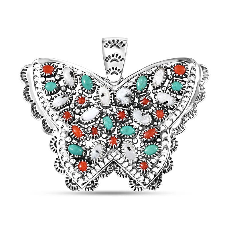 D'Joy Artisan Crafted Premium White Buffalo, Multi Gemstone Butterfly Pendant without Chain in Sterling Silver 7.85 ctw