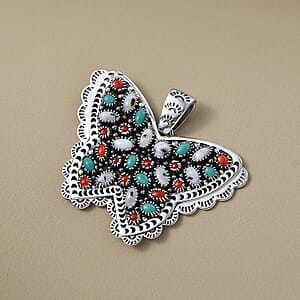 D'Joy Artisan Crafted Premium White Buffalo, Multi Gemstone Butterfly Pendant without Chain in Sterling Silver 7.85 ctw