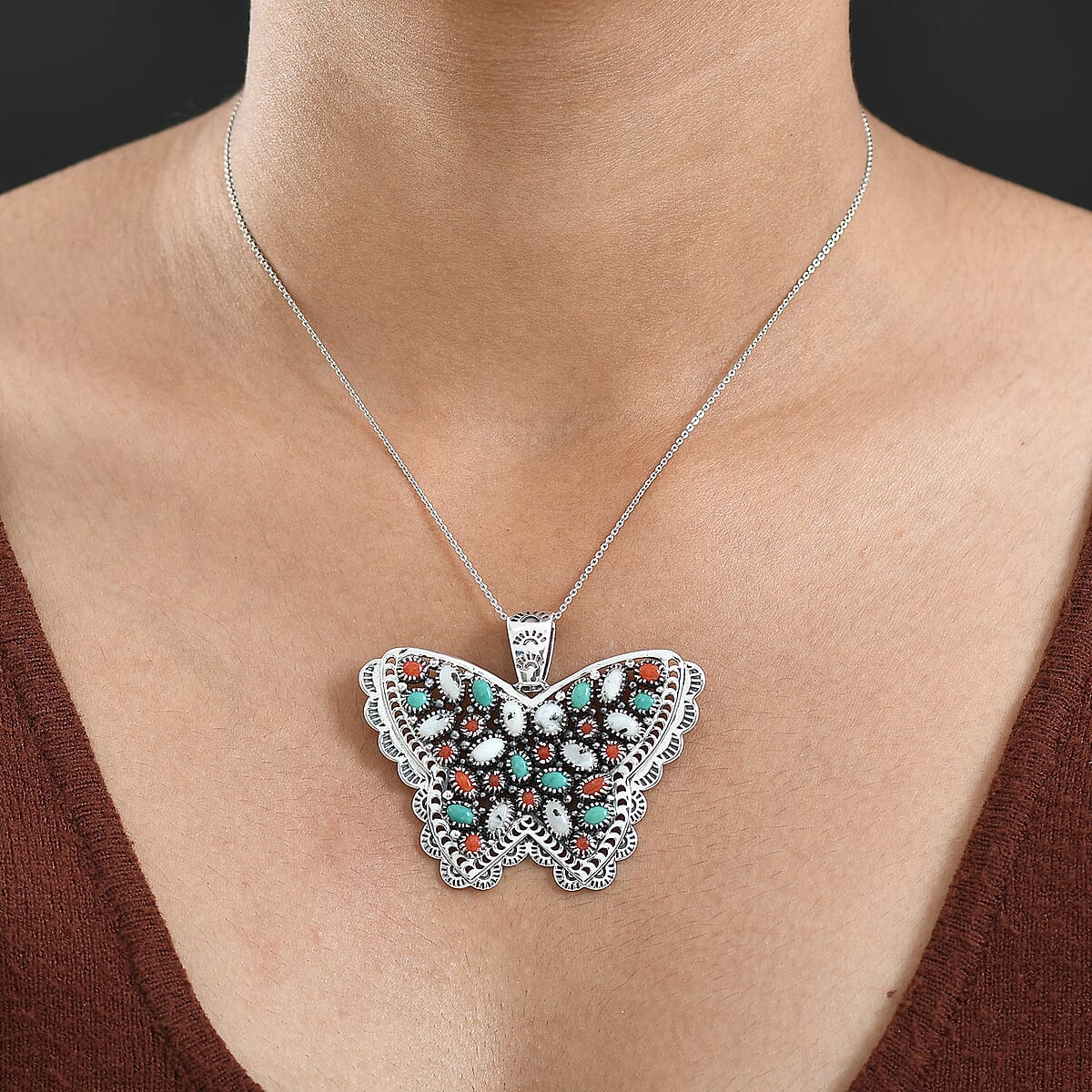 D'Joy Artisan Crafted Premium White Buffalo and Multi Gemstone 7.85 ctw Butterfly Pendant without Chain in Sterling Silver image number 2