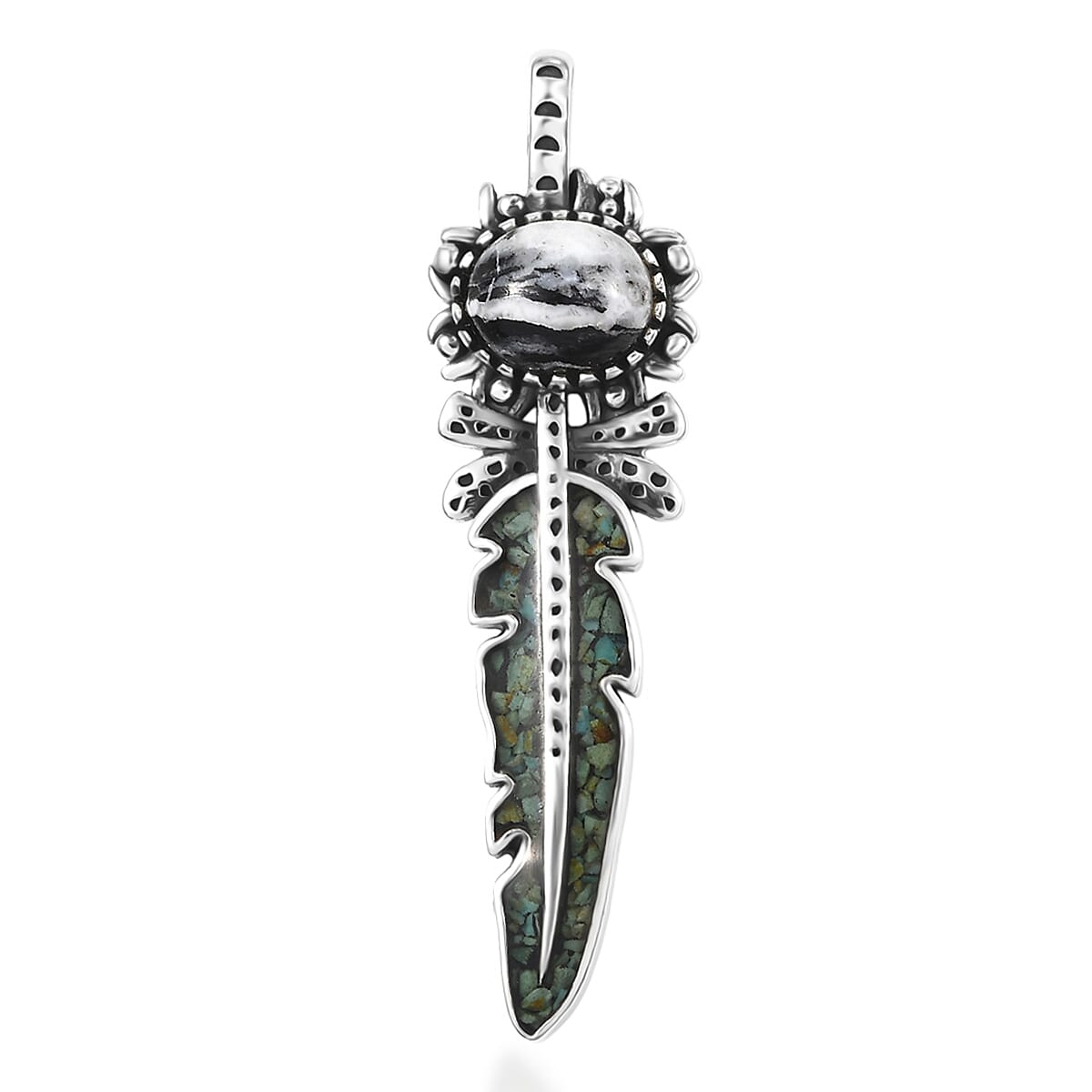 D'Joy Artisan Crafted White Buffalo and Royston Turquoise 17.70 ctw Feather Pendant without Chain Sterling Silver image number 0