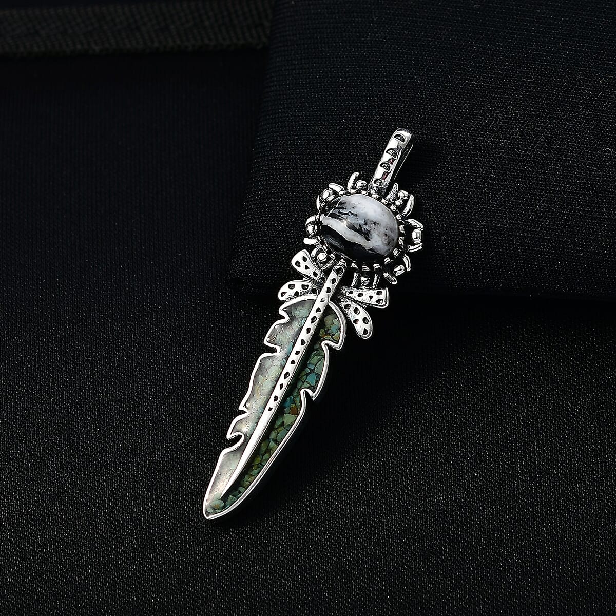 D'Joy Artisan Crafted White Buffalo and Royston Turquoise 17.70 ctw Feather Pendant without Chain Sterling Silver image number 1