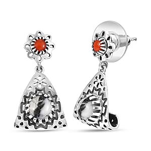 D'Joy Artisan Crafted Premium White Buffalo and Coral 3.00 ctw Earrings in Black Oxidised Sterling Silver