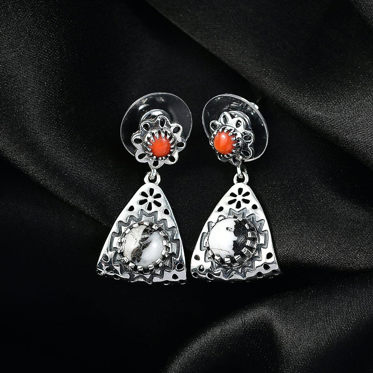 D'Joy Artisan Crafted Premium White Buffalo and Coral 3.00 ctw Earrings in Black Oxidised Sterling Silver image number 1
