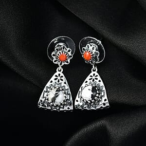 D'Joy Artisan Crafted Premium White Buffalo and Coral 3.00 ctw Earrings in Black Oxidised Sterling Silver