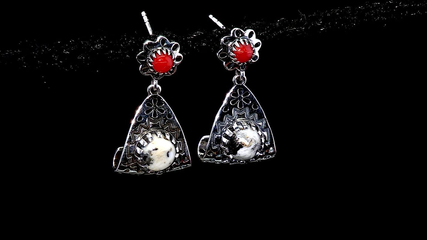 D'Joy Artisan Crafted Premium White Buffalo and Coral 3.00 ctw Earrings in Black Oxidised Sterling Silver