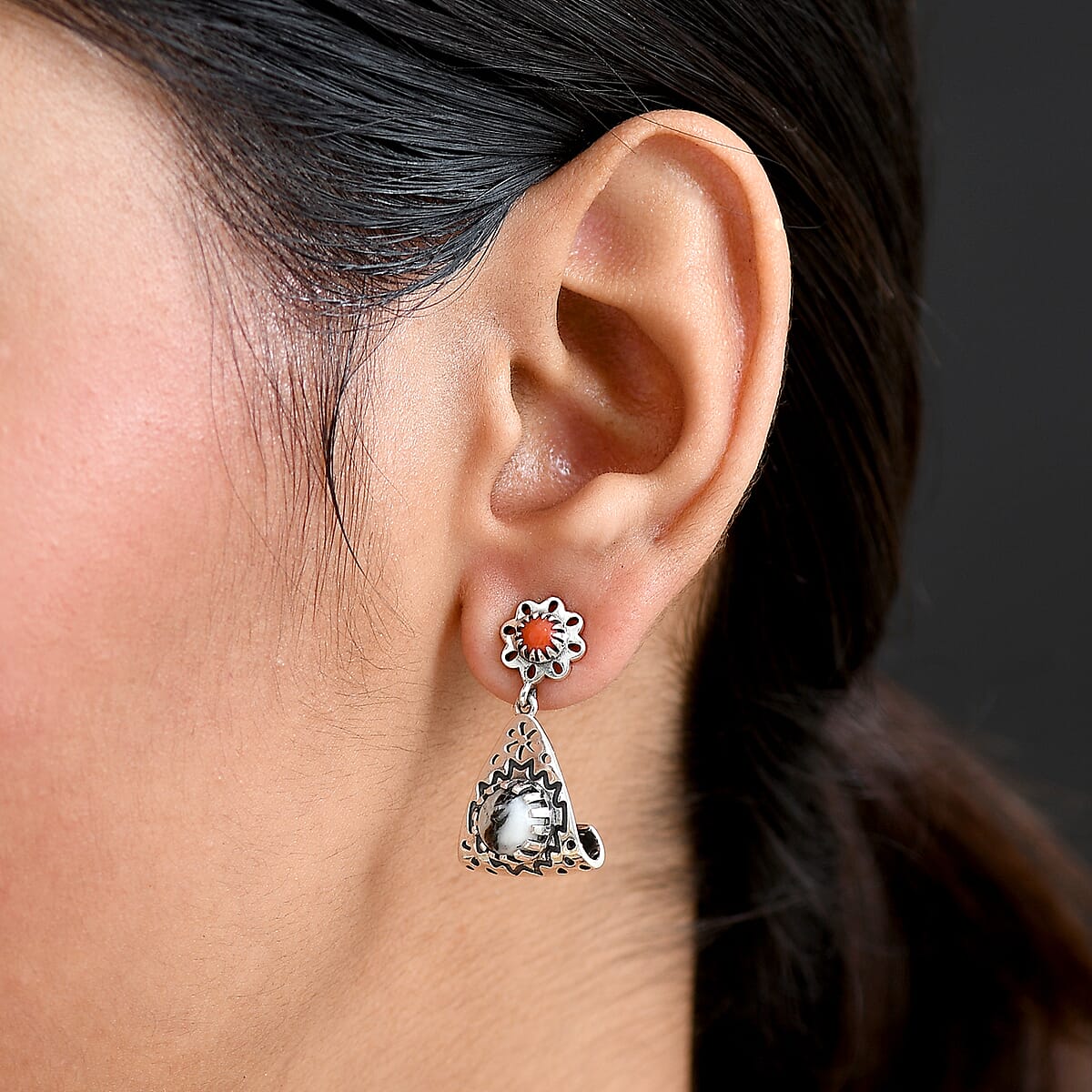 D'Joy Artisan Crafted Premium White Buffalo and Coral 3.00 ctw Earrings in Black Oxidised Sterling Silver image number 2