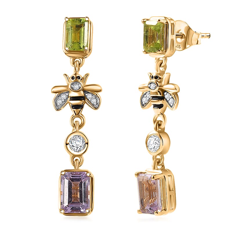  GP Trionfo Collection Premium Rose De France Amethyst and Multi Gemstones 3.70 ctw Earrings in 18K Vermeil Yellow Gold Over Sterling Silver