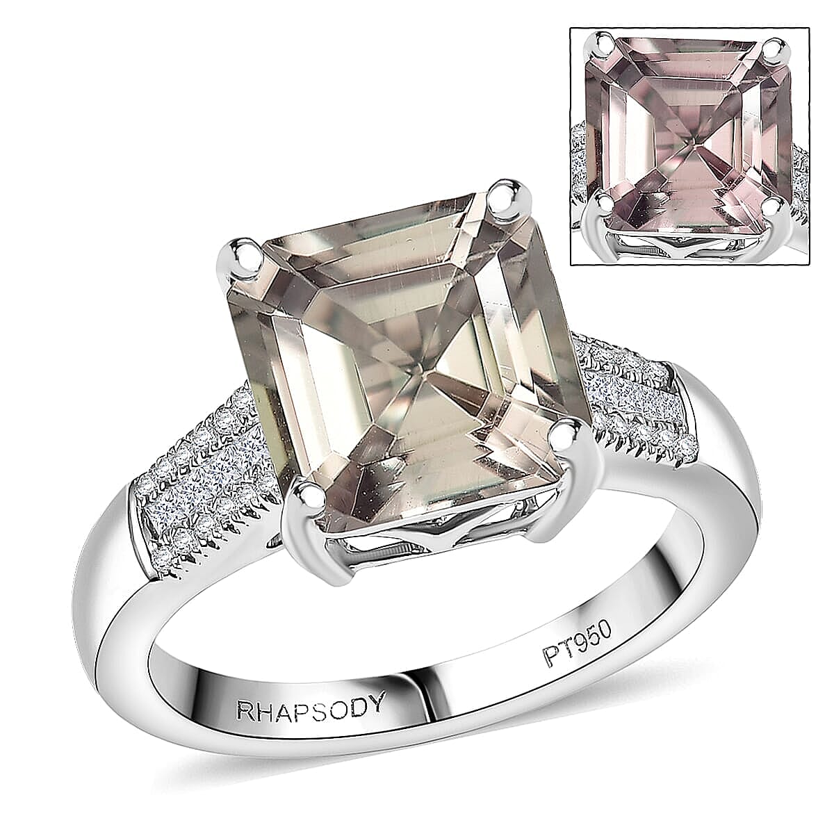  Rhapsody Asscher Cut AAAA Turkizite and Diamond E-F VS 5.20 ctw Vibrancy of life Ring in 950 Platinum (Size 5.0) 6.60 Grams image number 0