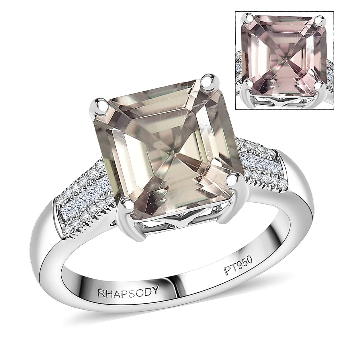 Doorbuster Rhapsody Asscher Cut AAAA Turkizite and Diamond E-F VS 5.20 ctw Vibrancy of life Ring in 950 Platinum (Size 6.0) 6.60 Grams image number 0