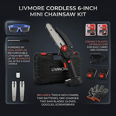 Livmore Black Cordless 6-inch Electric Chainsaw Box (Included: 2 Batteries, Charger, 2 Saw Blade, Glove, Goggle and Screwdriver)