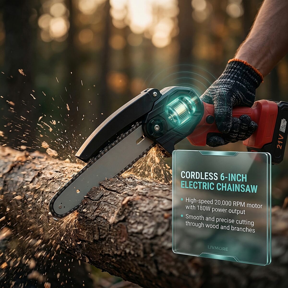 Livmore Red Cordless 6-inch Electric Chainsaw Box (Included: 2 Batteries, Charger, 2 Saw Blade, Glove, Goggle and Screwdriver) image number 1
