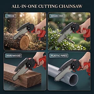 Livmore Red Cordless 6-inch Electric Chainsaw Box (Included: 2 Batteries, Charger, 2 Saw Blade, Glove, Goggle and Screwdriver)