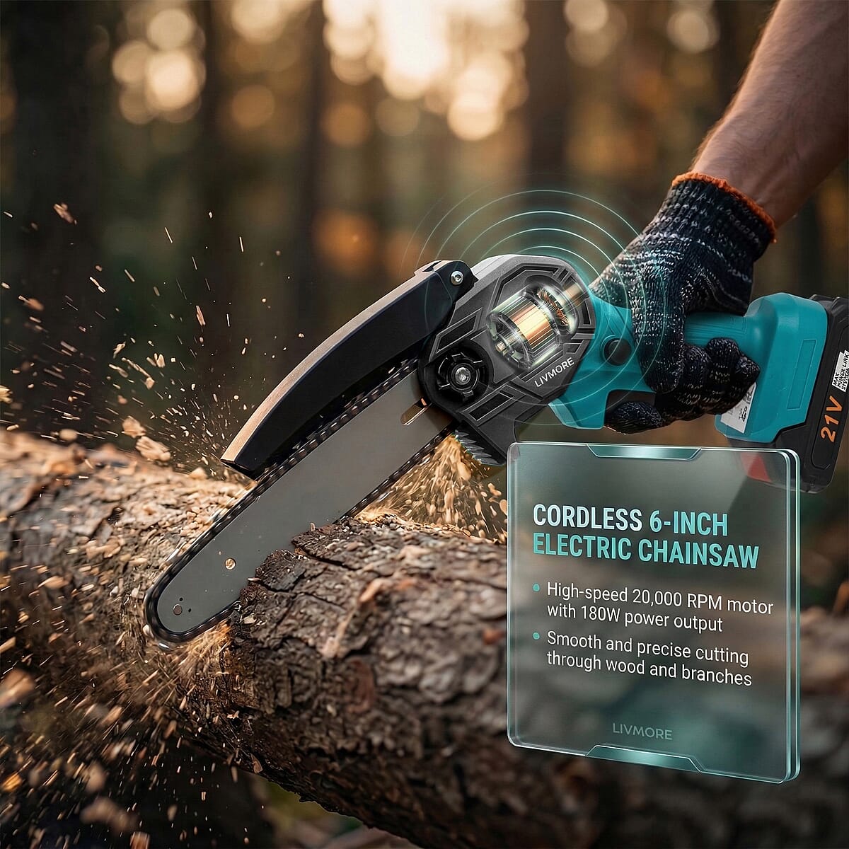 Livmore Teal Cordless 6-inch Electric Chainsaw Box (Included: 2 Batteries, Charger, 2 Saw Blade, Glove, Goggle and Screwdriver) image number 1