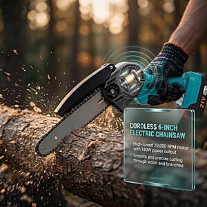 Livmore Teal Cordless 6-inch Electric Chainsaw Box (Included: 2 Batteries, Charger, 2 Saw Blade, Glove, Goggle and Screwdriver)