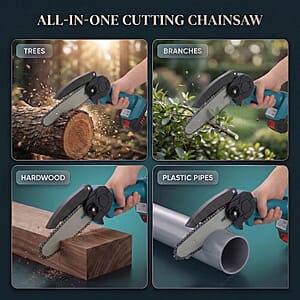 Livmore Teal Cordless 6-inch Electric Chainsaw Box (Included: 2 Batteries, Charger, 2 Saw Blade, Glove, Goggle and Screwdriver)