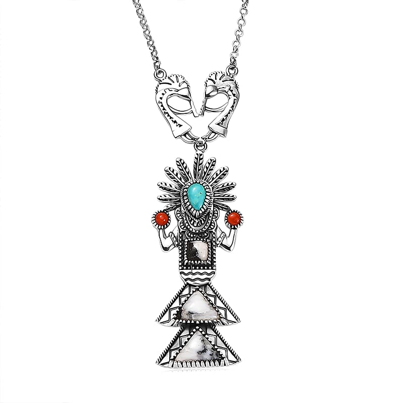 D'Joy Artisan Crafted White Buffalo, Multi Gemstone Necklace in Oxidized Sterling Silver 8.90 ctw (18-20 Inches)
