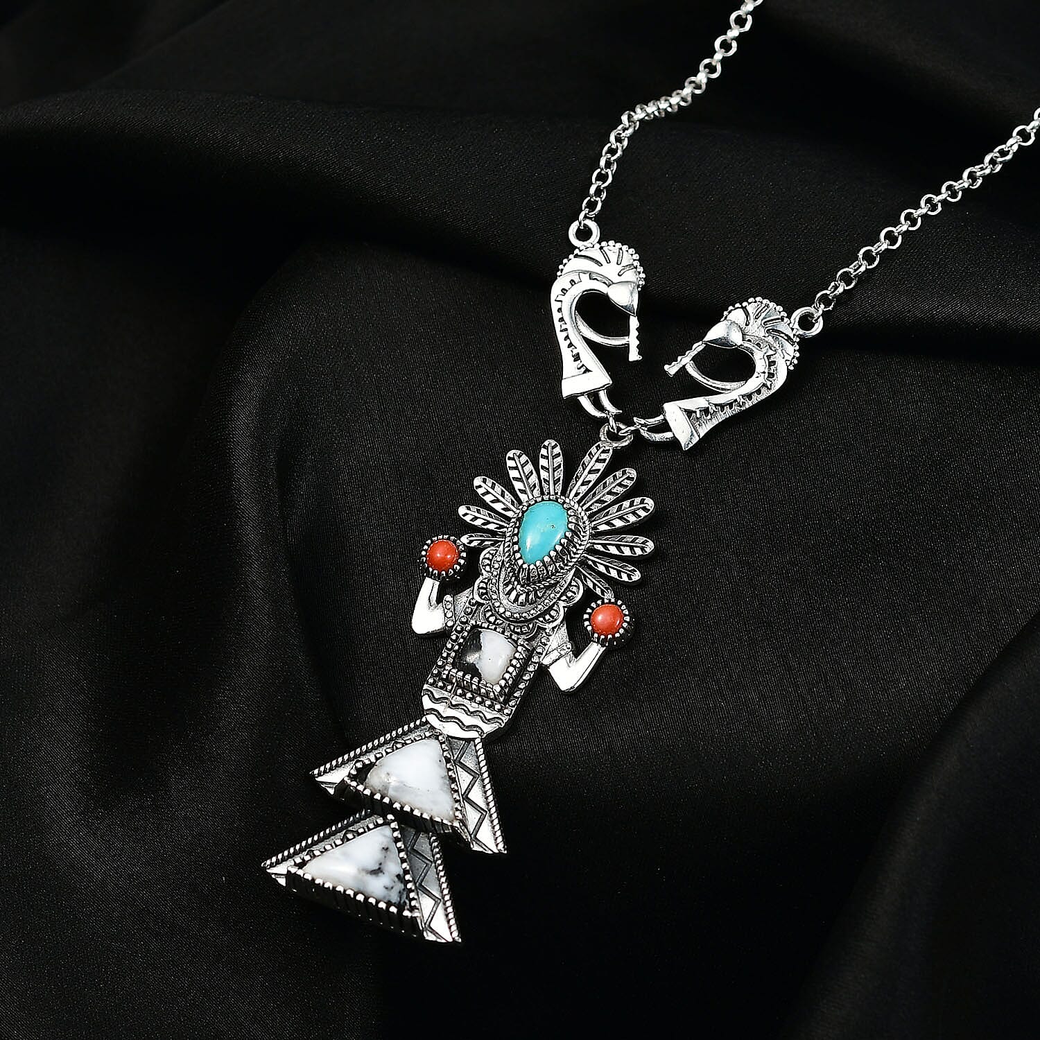 D'Joy Artisan Crafted White Buffalo, Multi Gemstone Necklace in Oxidized Sterling Silver 8.90 ctw (18-20 Inches)