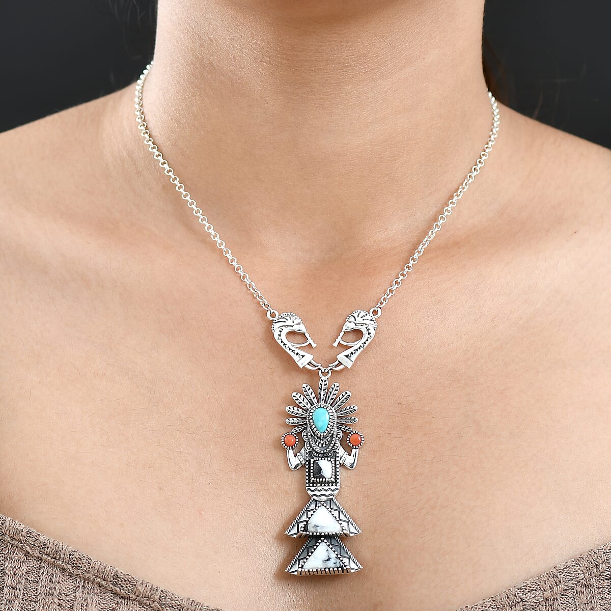 D'Joy Artisan Crafted Premium White Buffalo and Multi Gemstone 8.90 ctw Necklace in Black Oxidized Sterling Silver 18-20 Inches image number 2