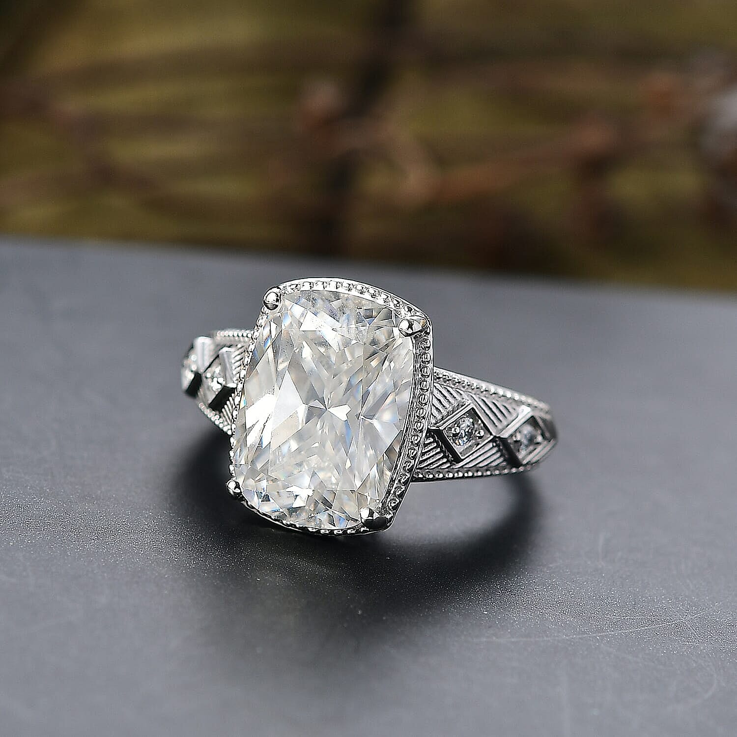 10K White Gold Moissanite (Cush 14x10mm) Ring (Size 10.0) (5.90 g) 7.65 ctw