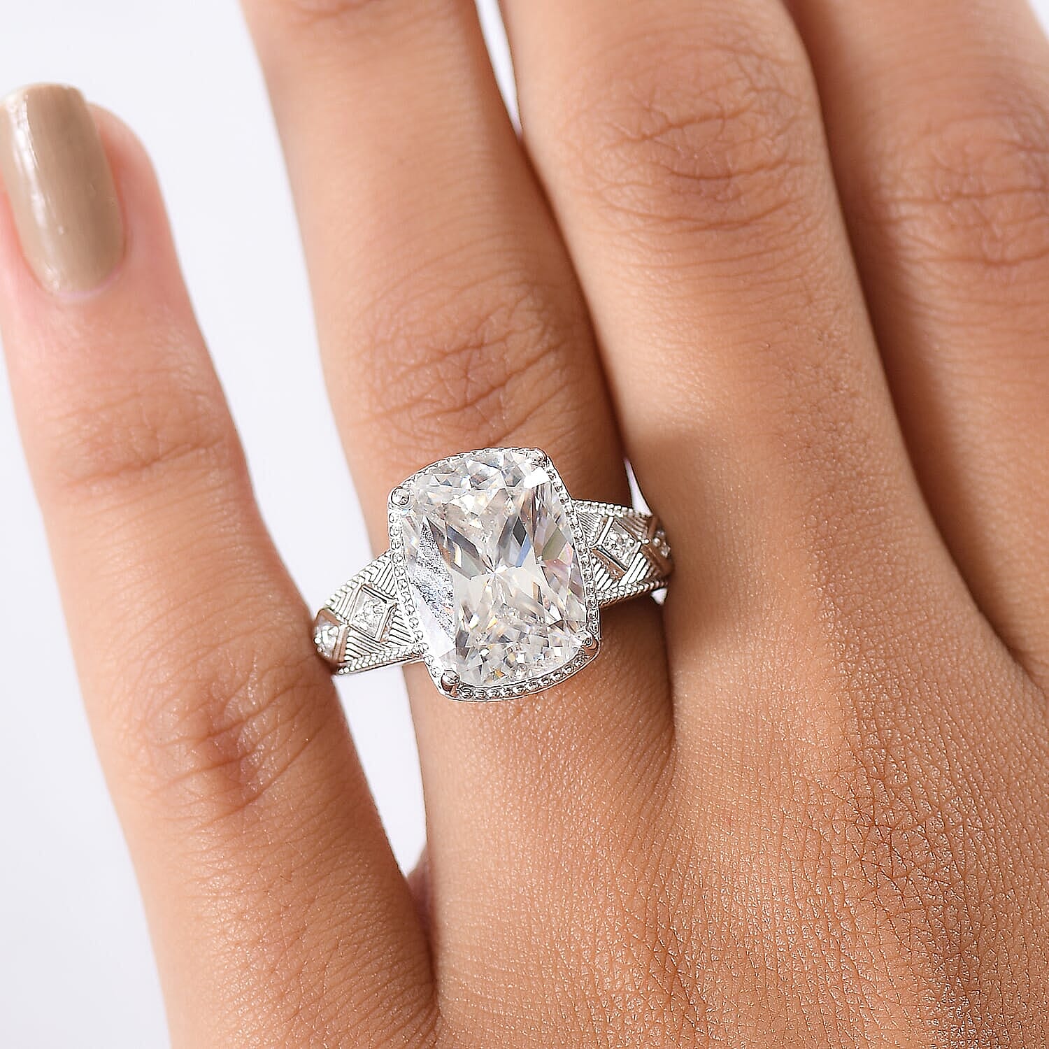 10K White Gold Moissanite (Cush 14x10mm) Ring (Size 10.0) (5.90 g) 7.65 ctw