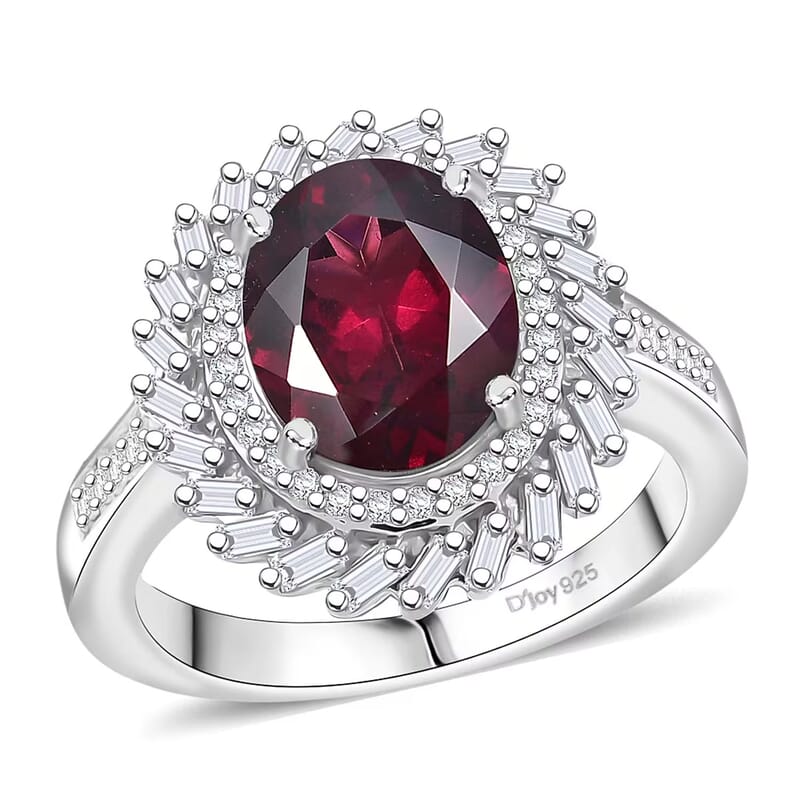 D'Joy Orissa Rhodolite Garnet, Moissanite Starburst Ring in Rhodium Over Sterling Silver 4.00 ctw (Size 10.0)