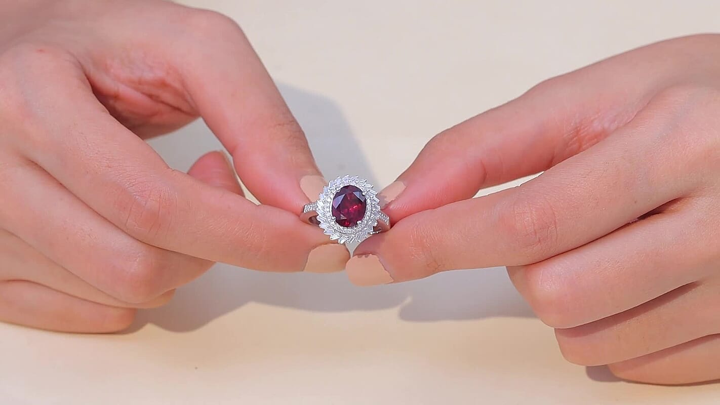 D'Joy Orissa Rhodolite Garnet, Moissanite Ring in Rhodium Over Sterling Silver (Size 10.0) 4.60 ctw