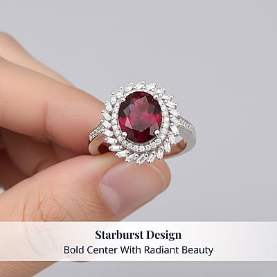 D'Joy Orissa Rhodolite Garnet, Moissanite Starburst Ring in Rhodium Over Sterling Silver 4.00 ctw (Size 10.0)