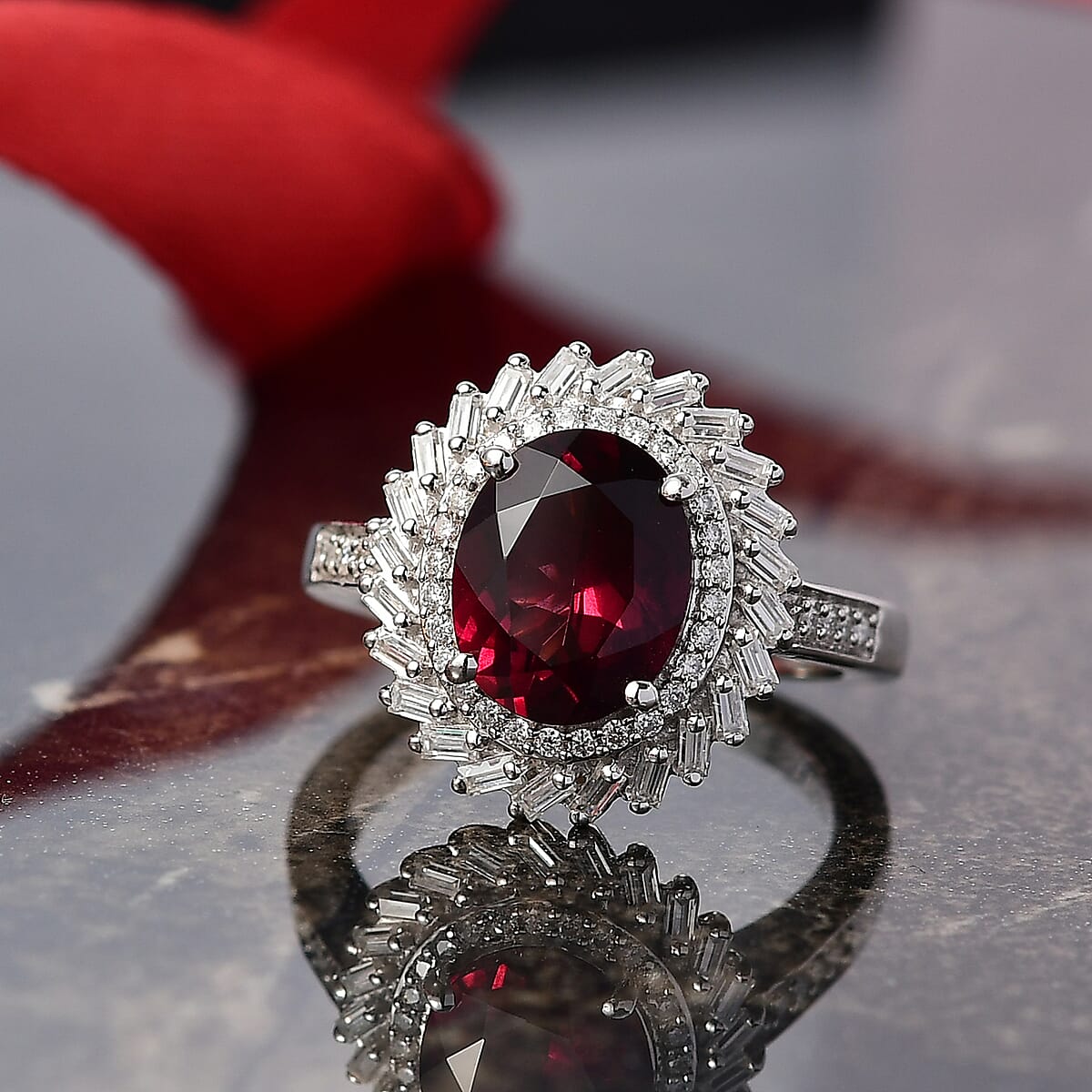 Doorbuster D'Joy Orissa Rhodolite Garnet and Moissanite 4.00 ctw Starburst Ring in Rhodium Over Sterling Silver (Size 9.0) image number 1