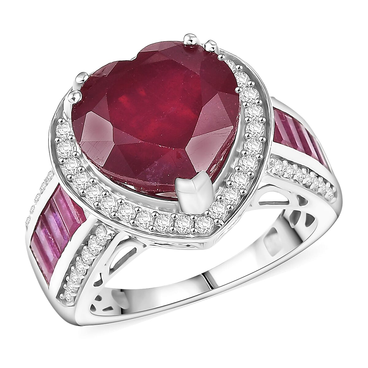 Doorbuster D'Joy Premium African Ruby (FF) and Moissanite 11.15 ctw Royal Legacy Ring in Rhodium Over Sterling Silver (Size 10.0) image number 0