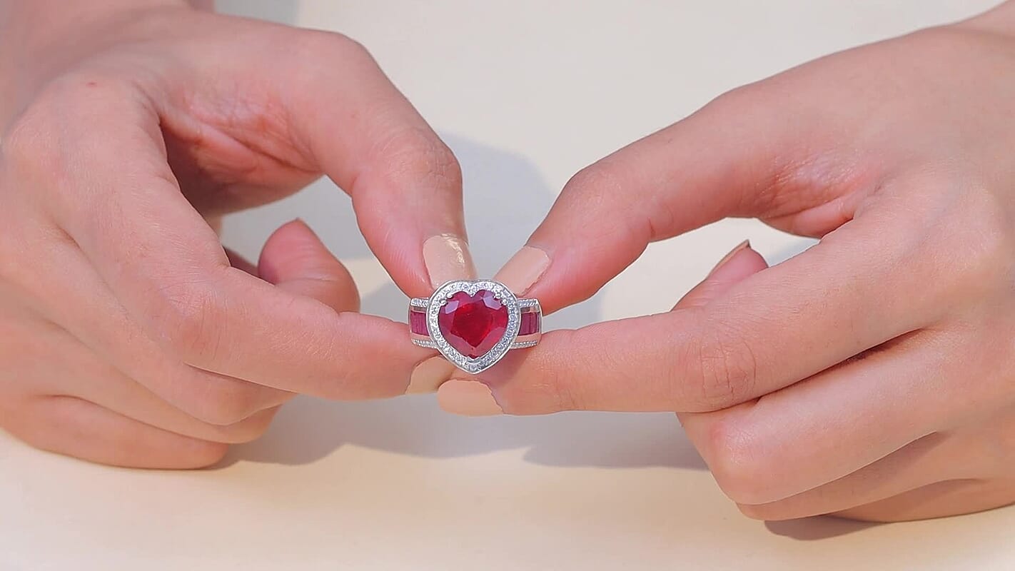 D'Joy Premium African Ruby (FF), Moissanite Heart Ring in Rhodium Over Sterling Silver (Size 10.0) 11.15 ctw