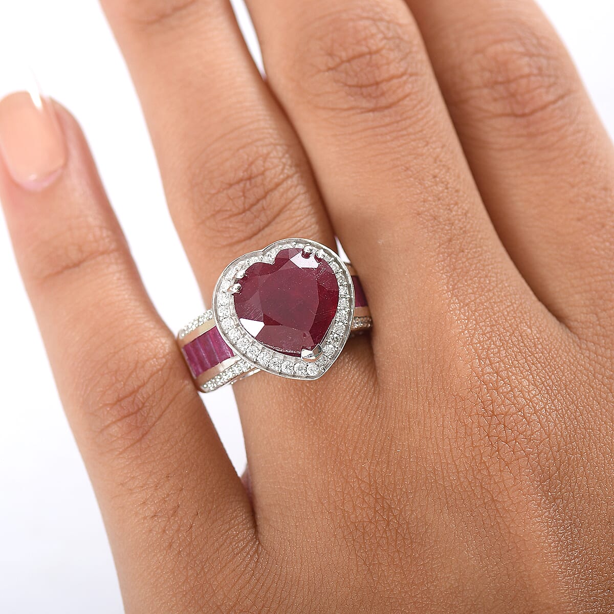Doorbuster D'Joy Premium African Ruby (FF) and Moissanite 11.15 ctw Royal Legacy Ring in Rhodium Over Sterling Silver (Size 6.0) image number 2