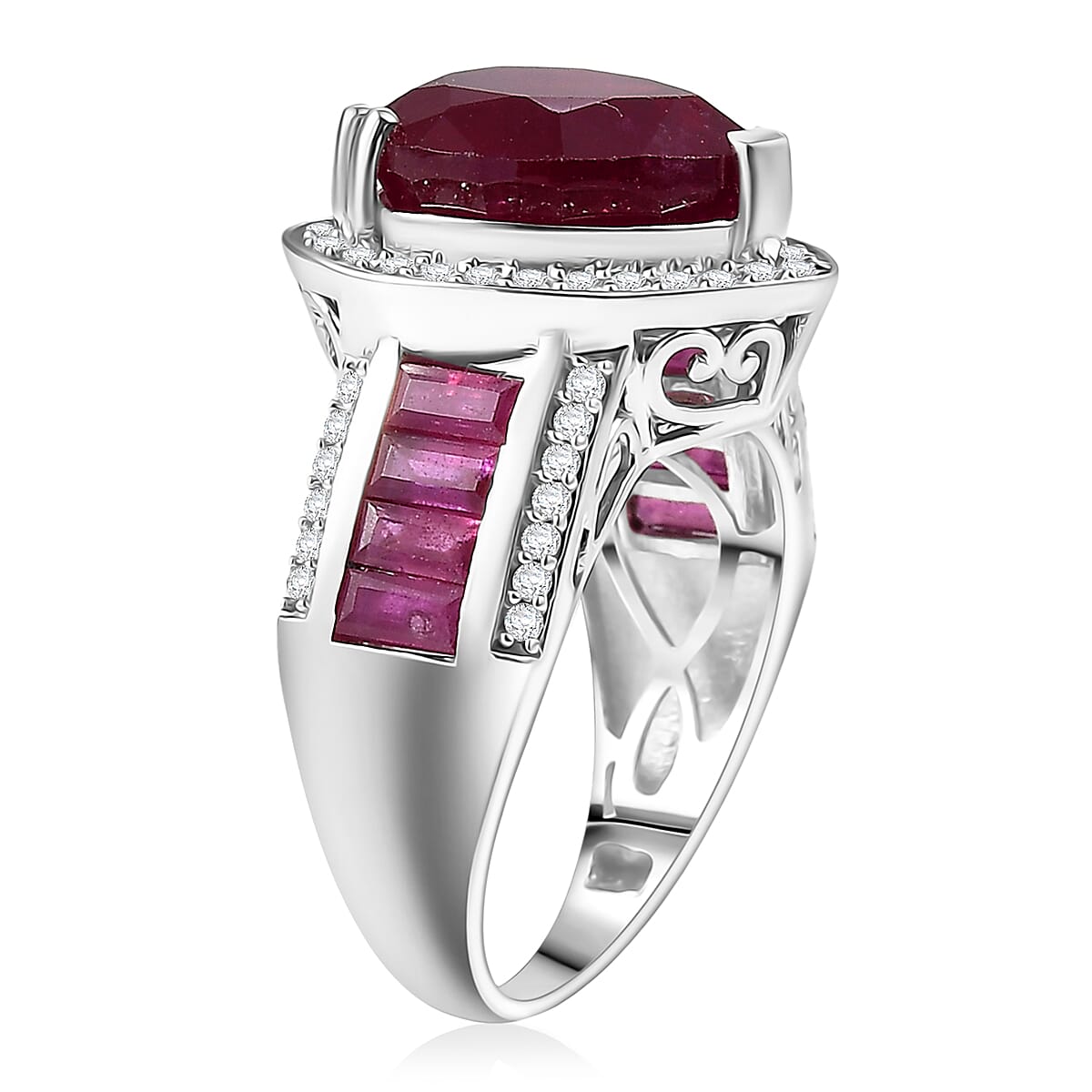 Doorbuster D'Joy Premium African Ruby (FF) and Moissanite 11.15 ctw Royal Legacy Ring in Rhodium Over Sterling Silver (Size 6.0) image number 3