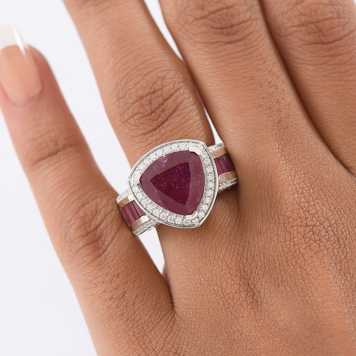 Doorbuster D'Joy Premium African Ruby (FF) and Moissanite 10.85 ctw Royal Legacy Ring in Rhodium Over Sterling Silver (Size 7.0) image number 2