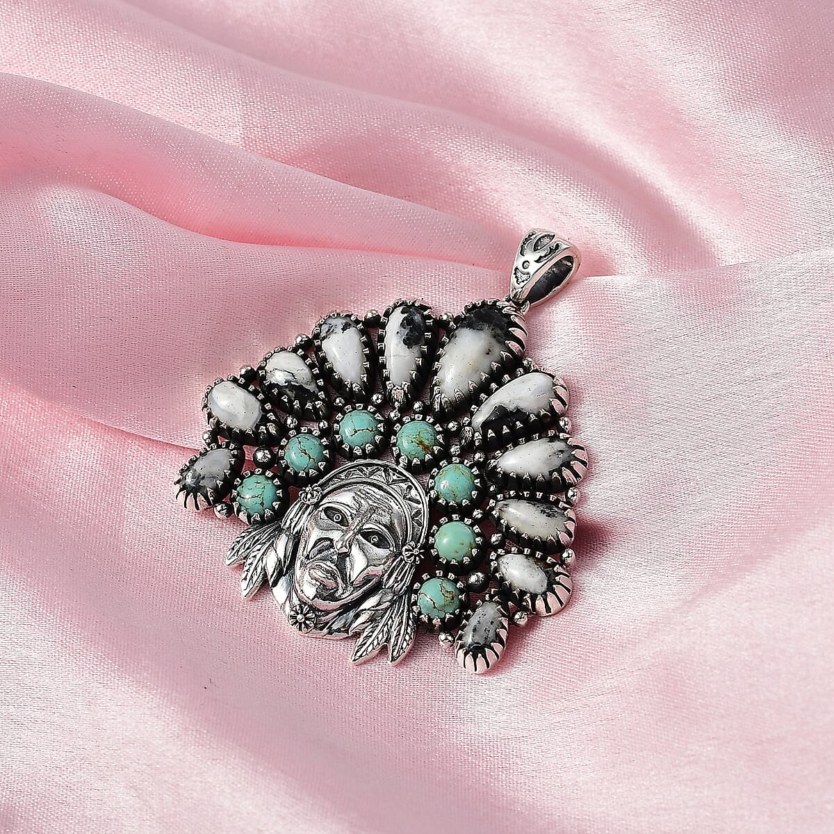 D'Joy Artisan Crafted White Buffalo and Tahoe Nevada Turquoise 17.40 ctw Pendant without Chain in Sterling Silver image number 1